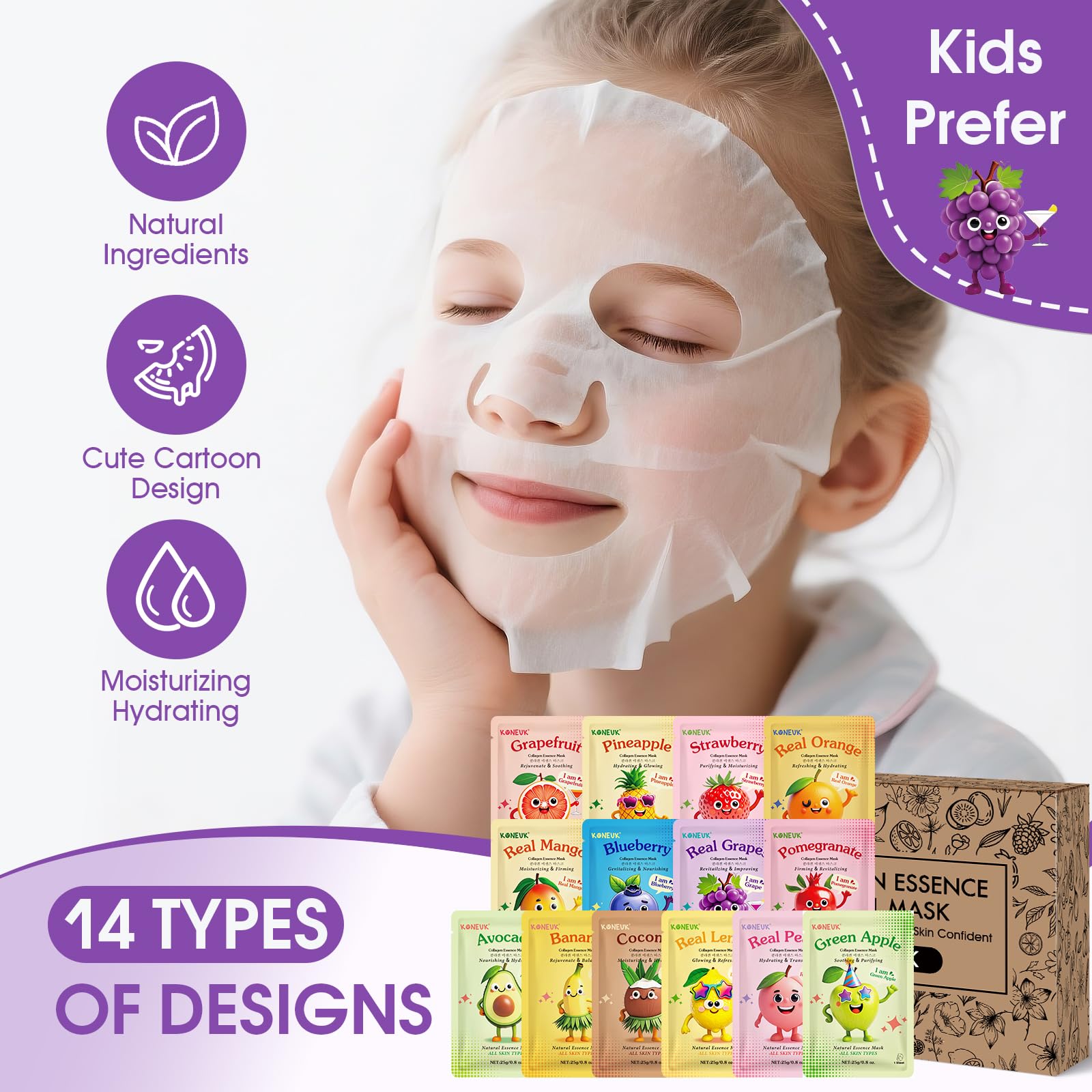 KONEUK Set mit 70 feuchtigkeitsspendenden Kollagen-Gesichtsmasken für die Hautpflege von Frauen, Gesichtsmasken mit Fruchtdesign für die Hautpflege von Kindern und Jugendlichen, Set