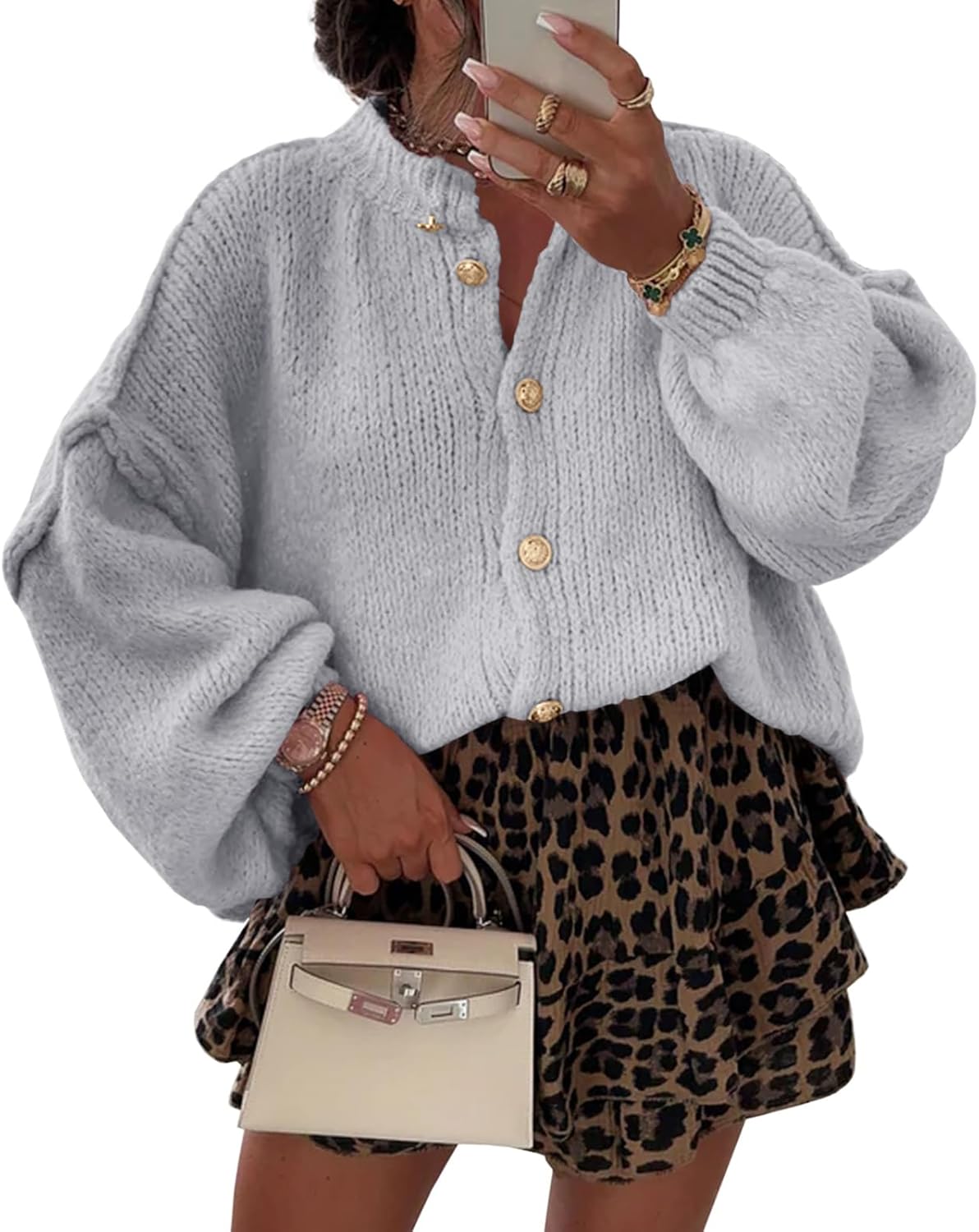 Womens Button Up Chunky Cardigan Sweater 2025 Oversized Lantern Sleeve Cozy Slouchy Coats - Image 2