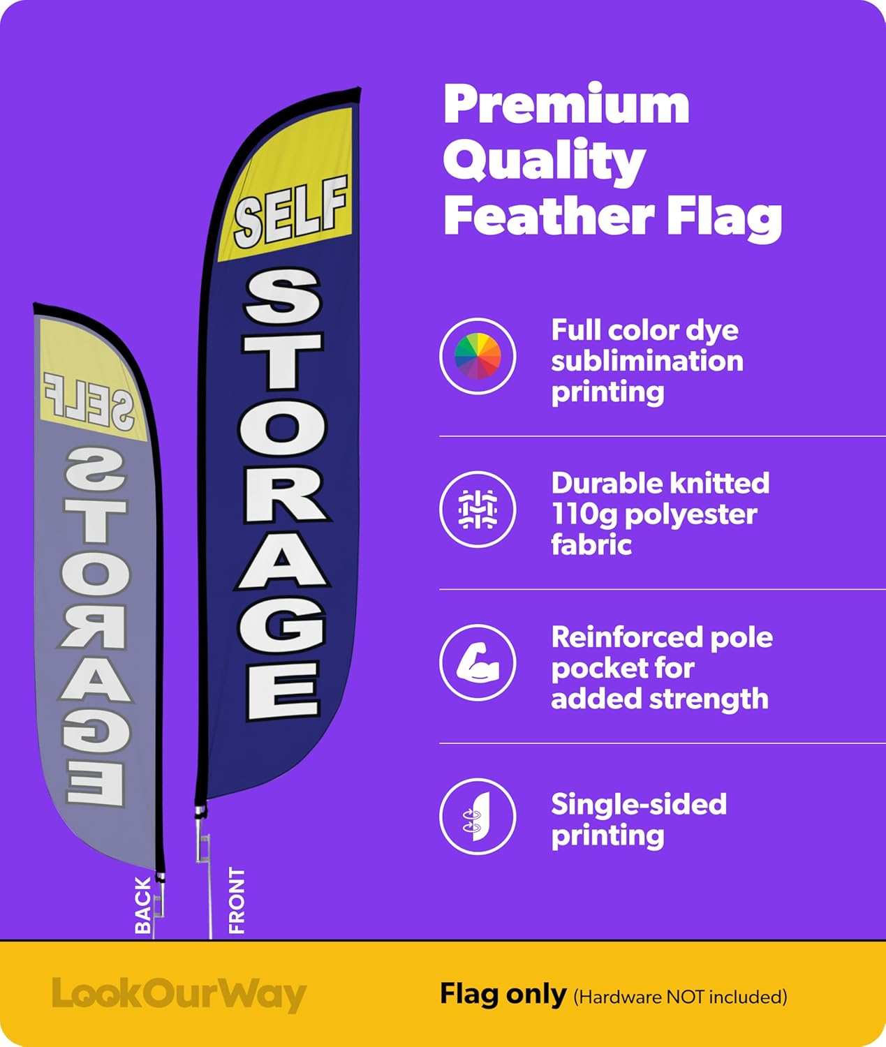 LookOurWay Feather Flag Banner - 12 Feet Tall Advertising Flags for Outdoor Business and Events Promotion - Swooper Flag Only - Printing & Shipping Services Flag - Self Storage (10M1200321)