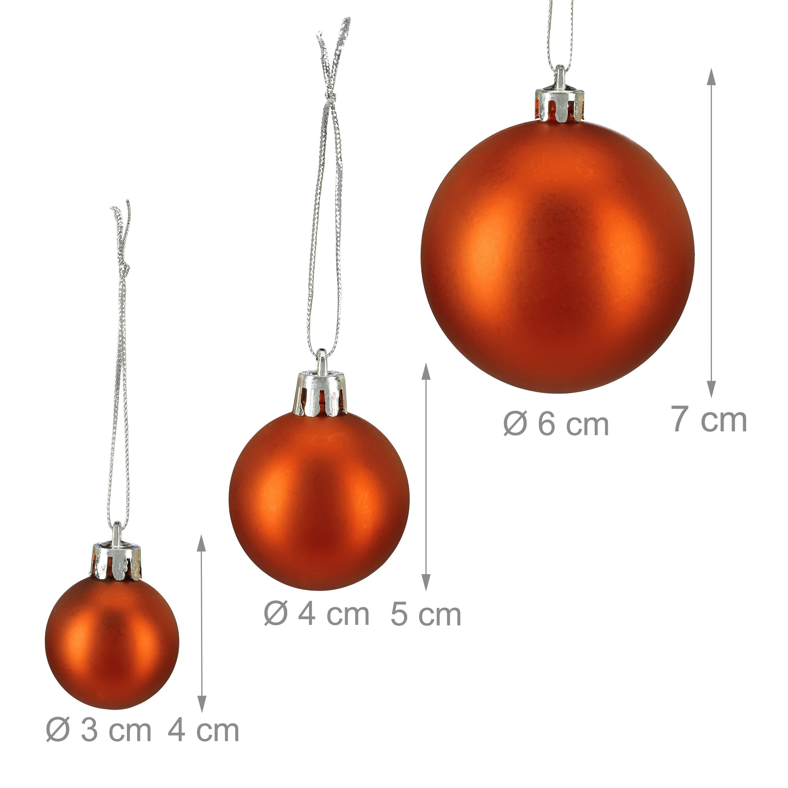 Relaxdays Set de 100 Bolas de Navidad, Decoración navideña, Mate, Brillante, Árbol de Navidad, ∅ 3,4 & 6 cm, Naranja