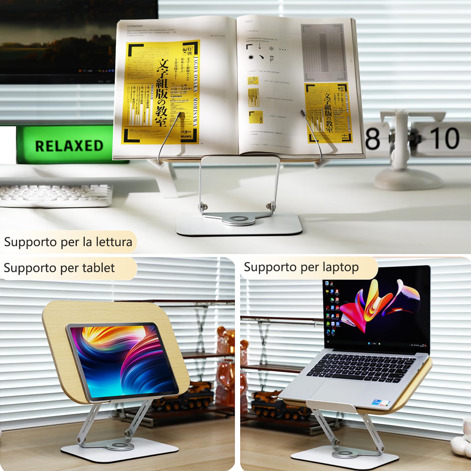Leggio per la lettura, con base girevole a 360°, pieghevole, pratico supporto girevole per spartiti, libri più pesanti, laptop