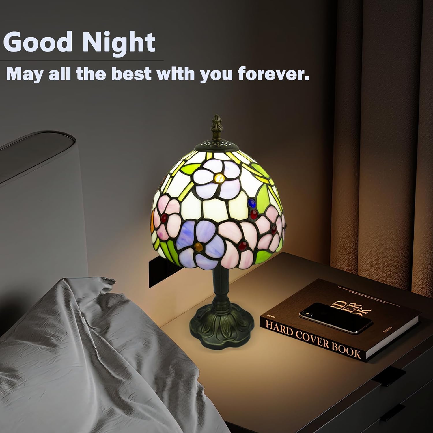 Crefotu Tiffany Style Table Lamp, 3 Color Temperatures Bedside Lamp, 8 Inch Stained Glass Desk Light for Home Office Bedroom Living Room (Four-Leaf Flower Pattern)