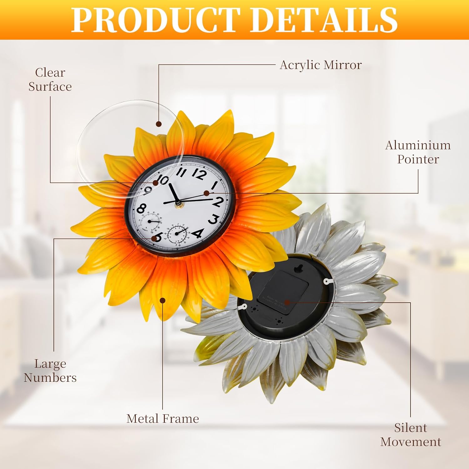 Metal Sunflower Wall-Mounted Indoor Outdoor Clock Thermometer and Hygrometer Combo，13 Inch Wall Clock Quartz Clock Silent No-Ticking for Patio,Kitchen, Living Room,Bathroom,bedrooms,Garden