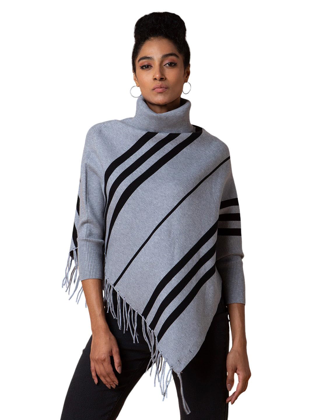 SHOWOFF Women's Striped Brown Longline Poncho -2036_Brown-image-45