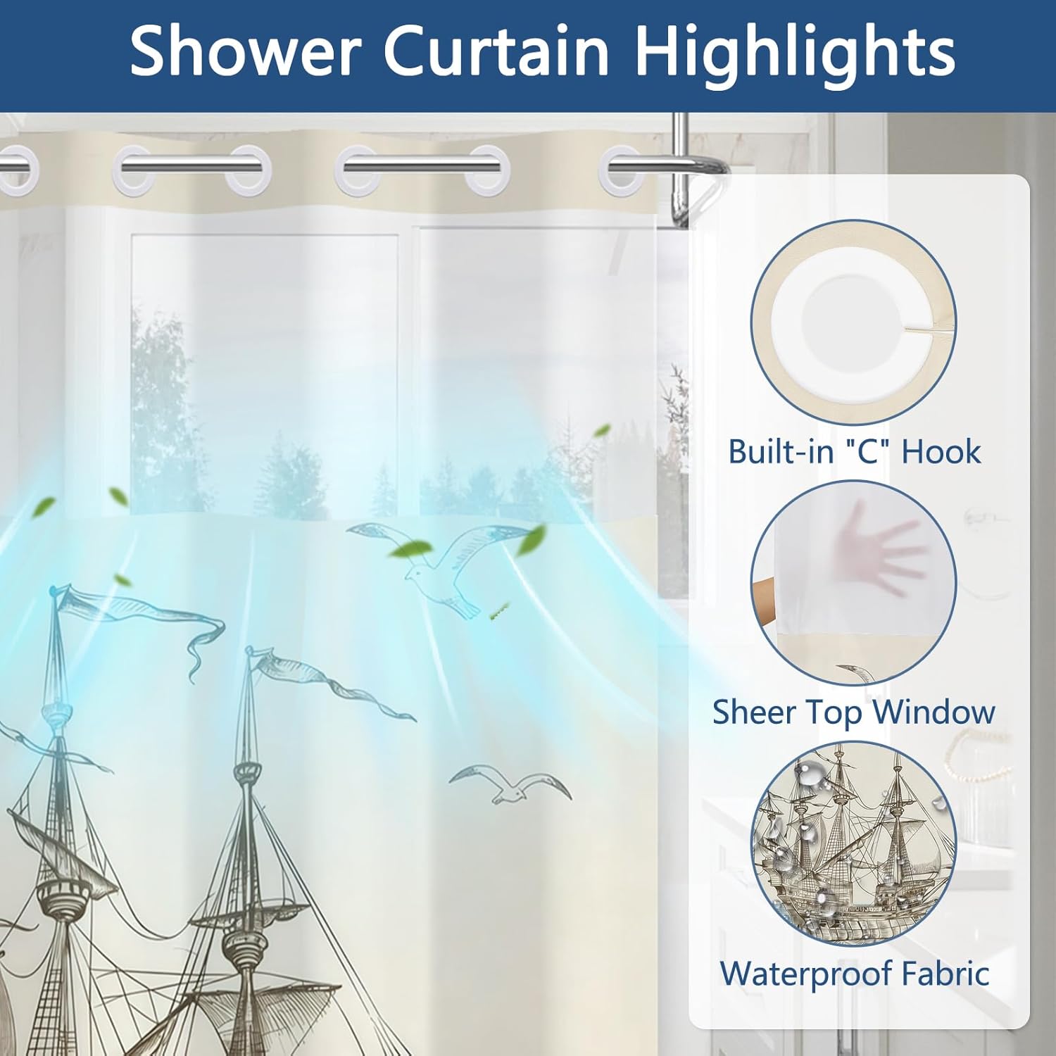 No Hook Shower Curtain with Snap in Liner, Double-Layer Waterproof Shower Curtains with Sheer Top Window and Weighted Bottom, Vintage Nautical Sailing Ship Shower Curtains for Bathroom, 71x74 Inch