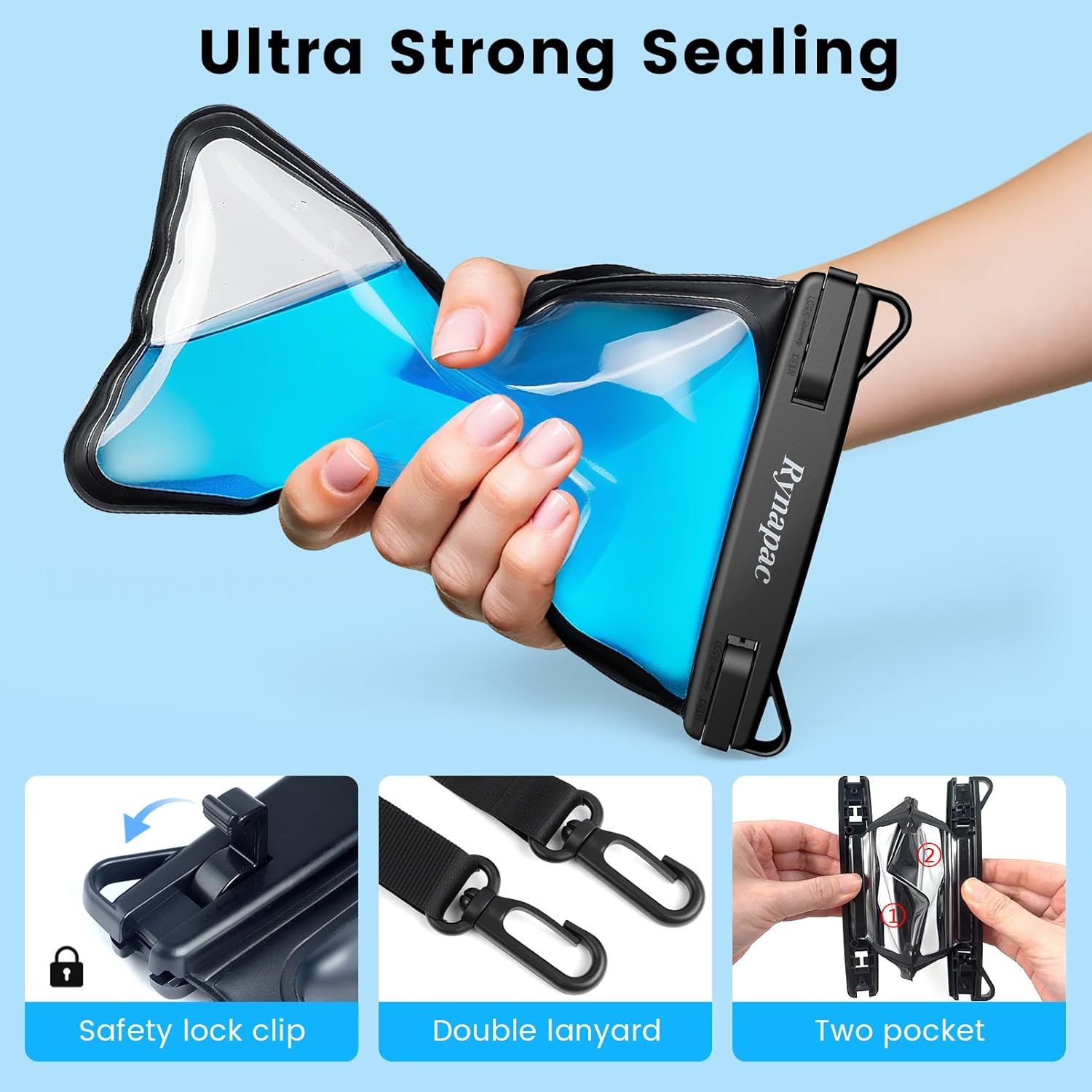 ダブルスペース防水携帯電話ポーチ、iPhone16 15 Pro Max Galaxy S23 Pixel 7a最大8.5インチ用ス