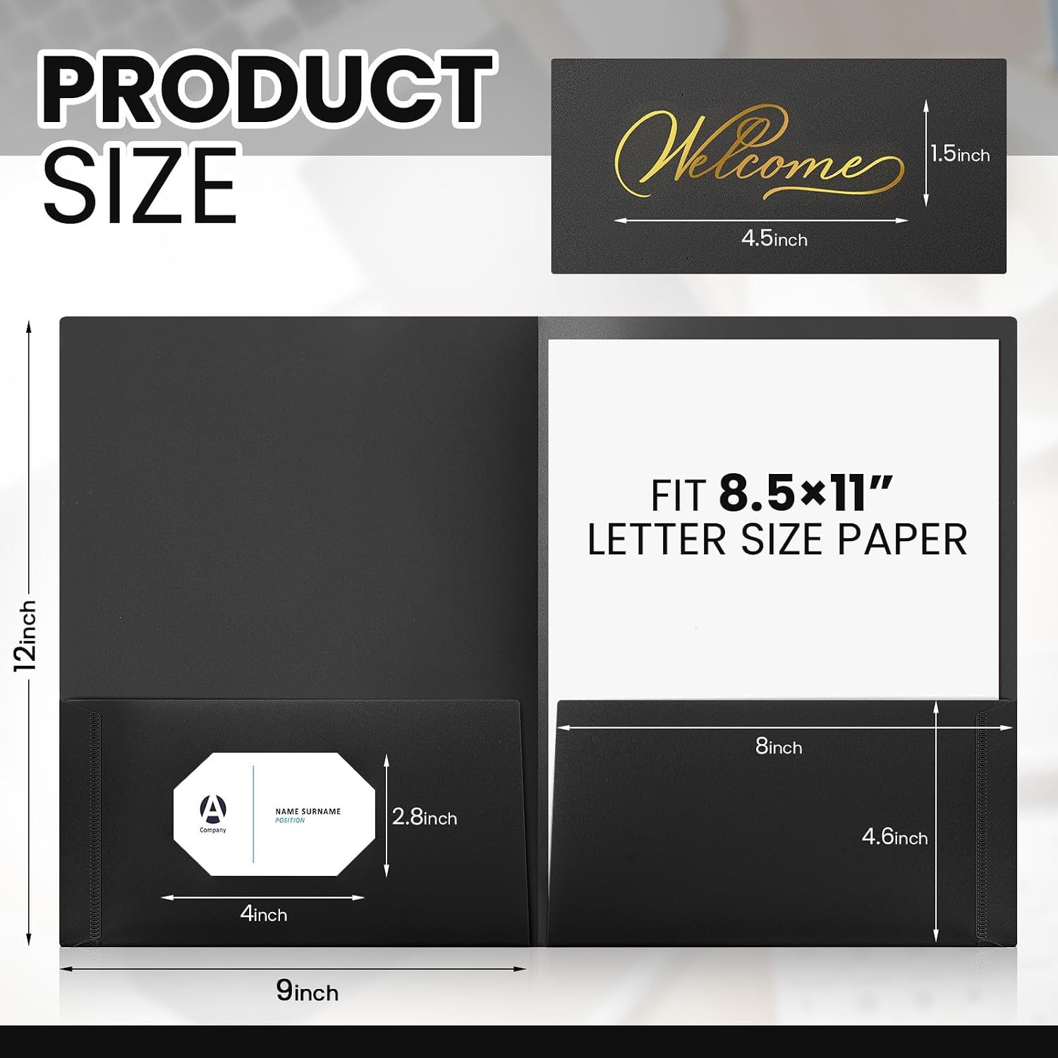 Henoyso 24 Count Welcome Pocket Folders, Two-Pocket Folder Gold Foil Stamped Welcome Presentation Folders Business Card Insert for Membership, Church, Team, New Hire, Visitors (9 x 12 Inch,Black)