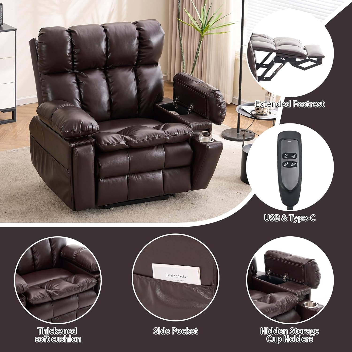 26" Oversized Recliner Dual Motor Power Lift Chair, Lay Flat Recliner Chair for Elderly with Headrest, Flip Arm Storage,Massage & Heat,Big man Recliner with Cupholders,USB Type C,Zero Gravity