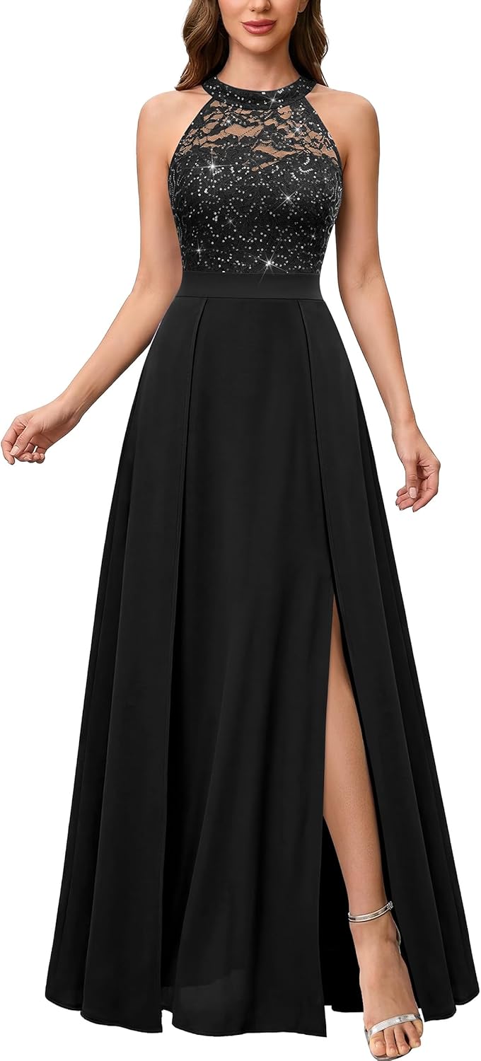 Miusol Women's Elegant Halter Lace Sparkling Sequin Bridesmaid Maxi Dress