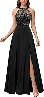 Women's Elegant Halter Lace Sparkling Sequin Bridesmaid Maxi Dress