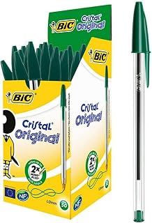 BIC Cristal ORIGINAL Medium Daily BALLPOINT PENS Biros 1.0 mm Everyday Essay Writing Home School Office Stationery Supplies Clear Barrel 4 Colours BLACK RED BLUE GREEN RGB Stick Pen (GREEN, 20 X PENS)