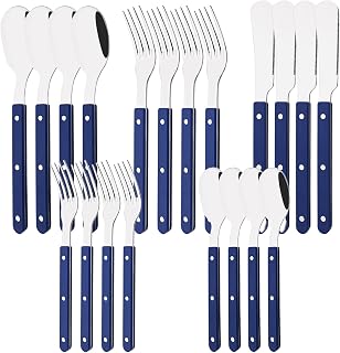 20 PCS Stainless Steel Flatware Set for 4, Silverware Set with Colored Handles, Retro Style Forks Spoons and Knives Set, Vintage Eating Utensils, Blue Acrylic Handle with Rivets Design