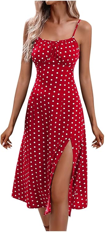 LFEOOST Sexy Dresses for Women 2024 Summer Spaghetti Straps Sleeveless Polka Dot Print Side Slit Beach Vacation Long Dress