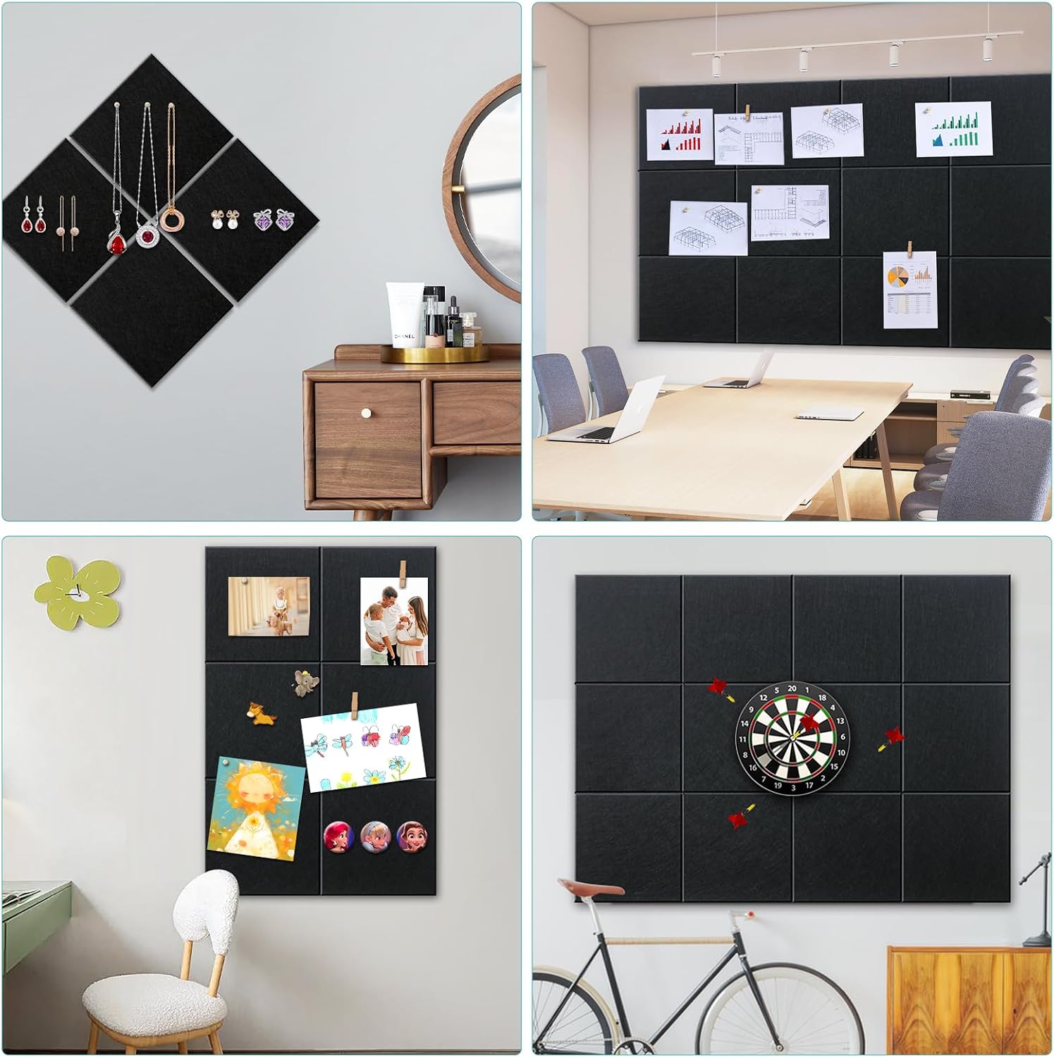 Large Cork Bulletin Board - 48" x 36" Cork Board for Walls - 12 Pack Felt Tiles, 60 Removable Safe Adhesive Tabs & 30 Pushpins - for Office, School, Home Decor (Black)