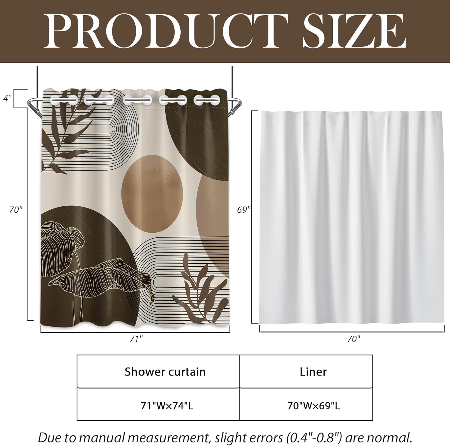 Brown and Beige Hookless Shower Curtain with Snap in Liner Set, Tan Taupe No Hook Shower Curtains for Bathroom, Double Layer Ringless, Liner with Magnets, Waterproof Cloth Fabric, 71" W x 74" L