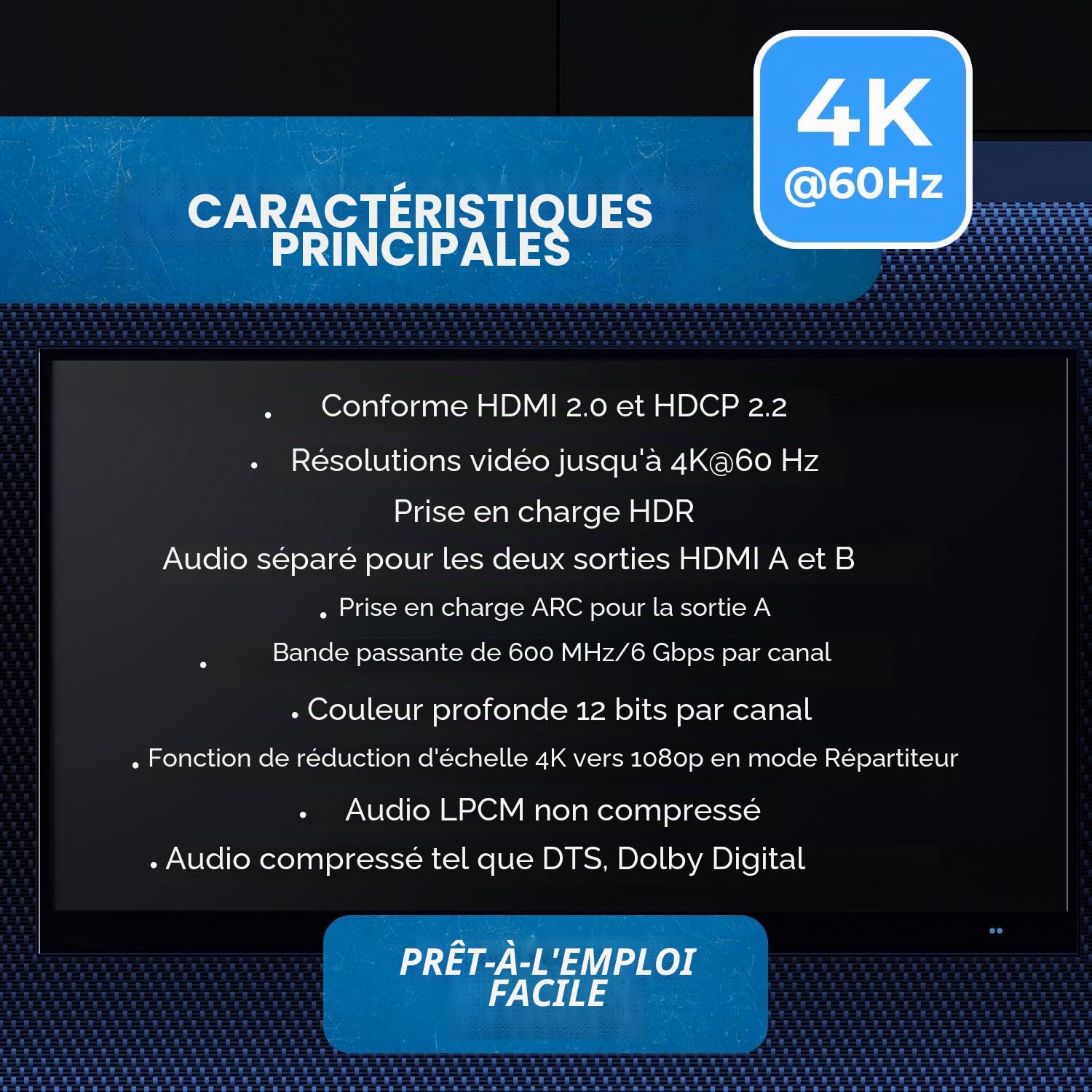 OREI Commutateur matriciel HDMI 4 x 2 - Extraction audio 4K @ 60 Hz, EDID, IR, HDCP 2.2