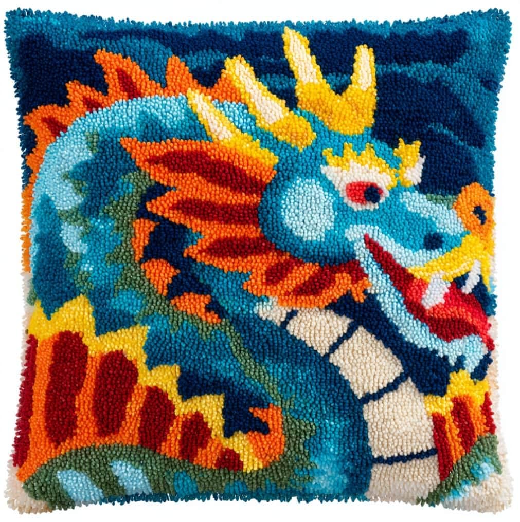 Taxpy DIY Latch Hook Pillow Kit Pre-Printed Hook and Latch Rug Kits Drago 17X17 Inch.Cross-Stitch Embroidery Cushion Cover for Home Sofa Decoration