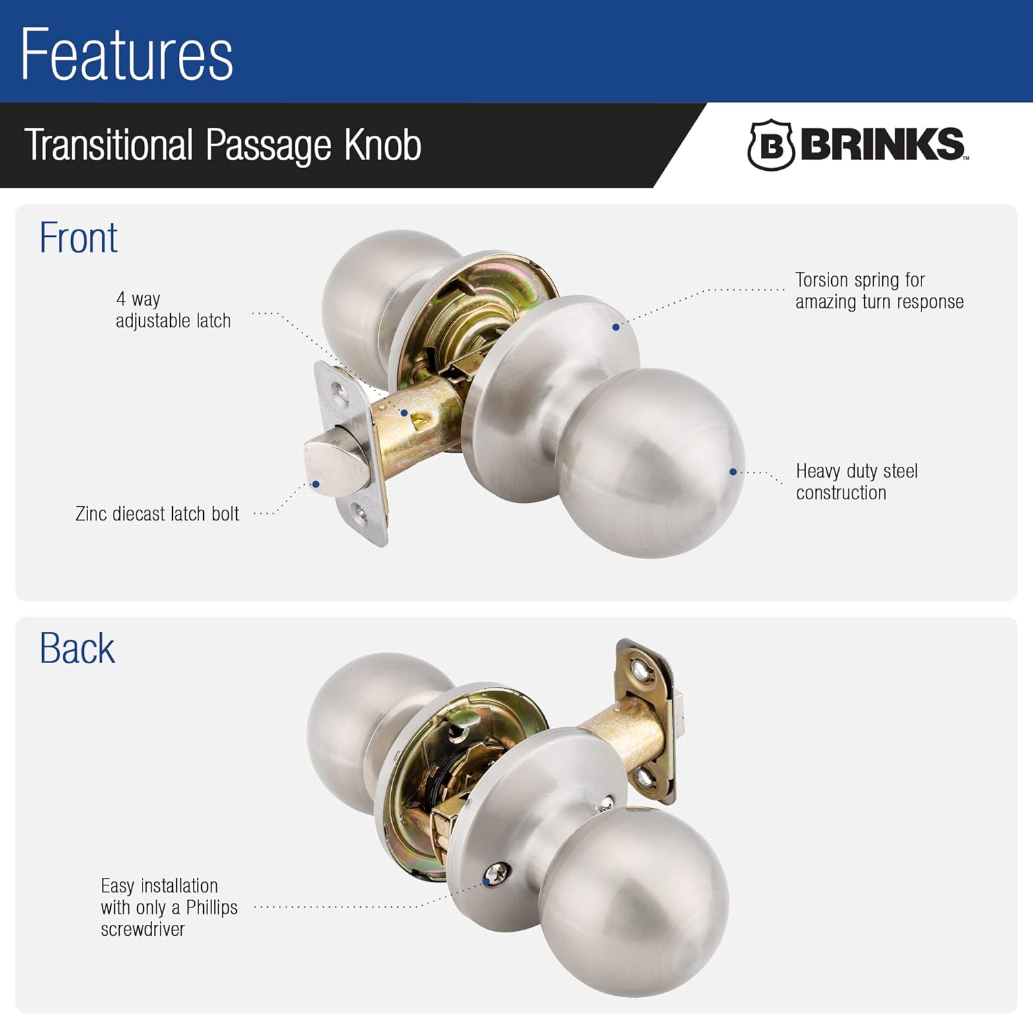 BRINKS Door Knobs Interior, Non-Locking Transitional Ball Door Knobs, Satin Nickel for Traditional and Transitional Décor