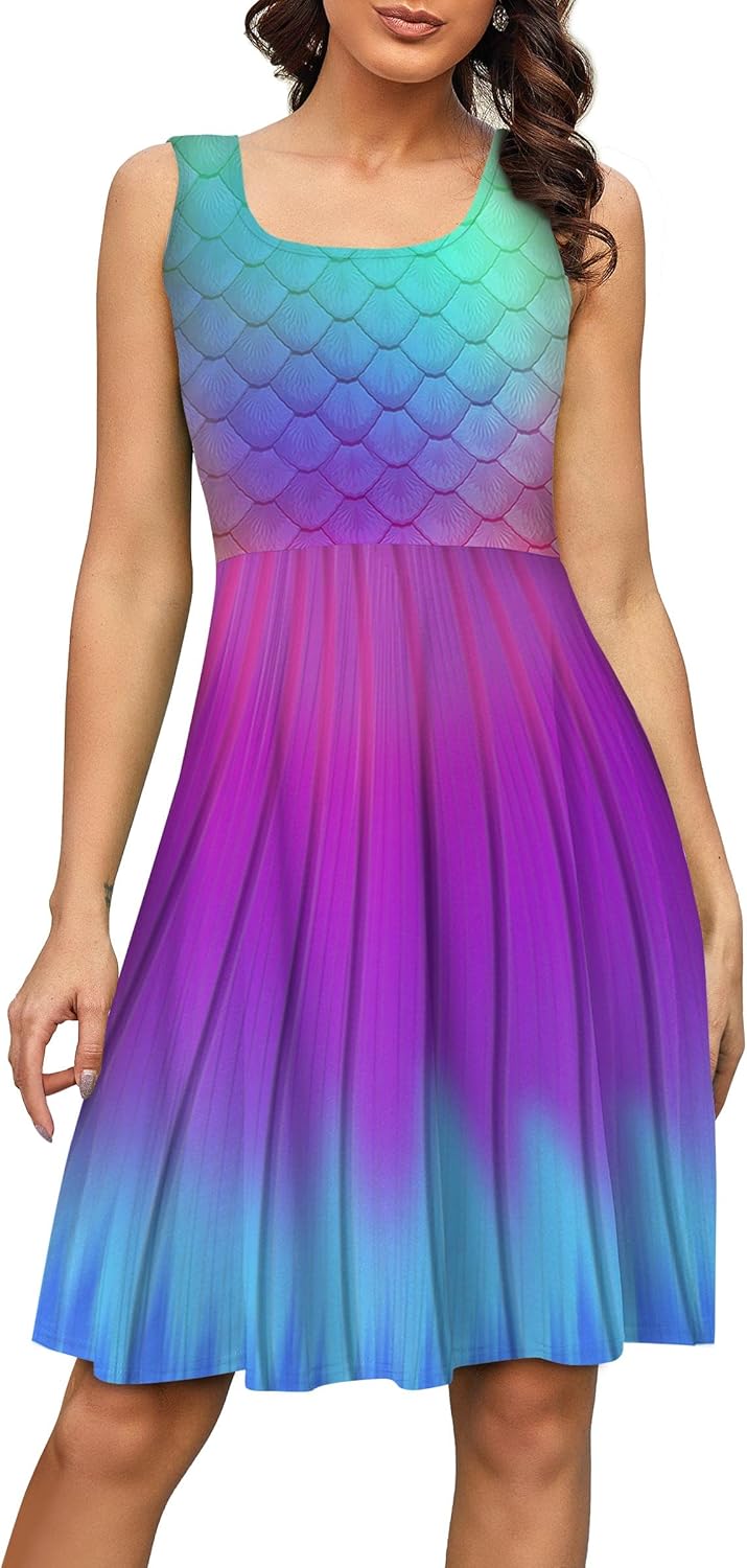 Fanient Womens Sleeveless Casual Print Scoop Neck Sundress A-Line