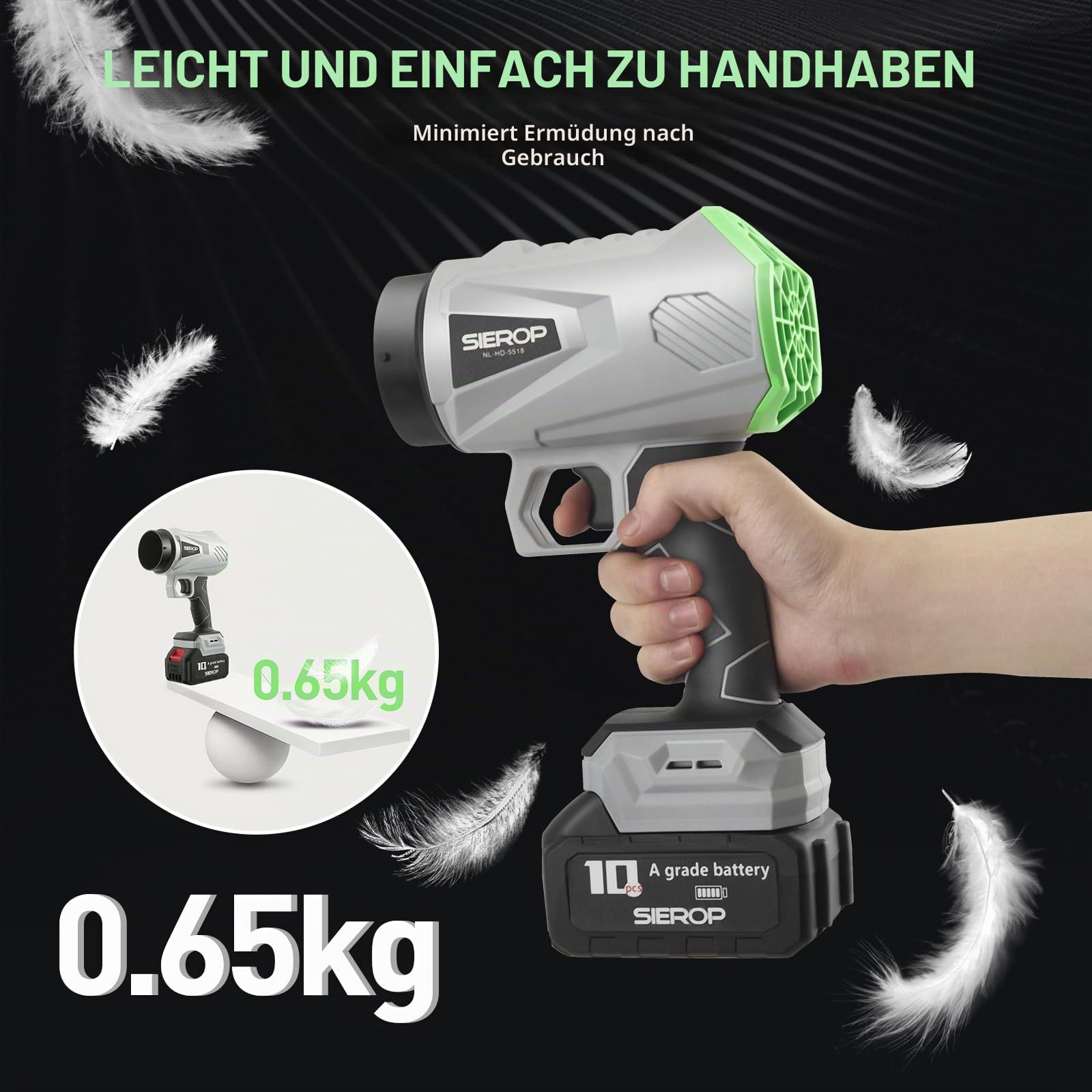 Akku-Gebläse, Kleiner kabelloser Laubbläser mit 2 x 2.5 Ah Akkus und Ladegerät und 3 Düsen, Blaskraft 1,2KG, 40,000RPM Bürstenlos Motor, für Camping, Garten Rasenpfleg & Werkstatt