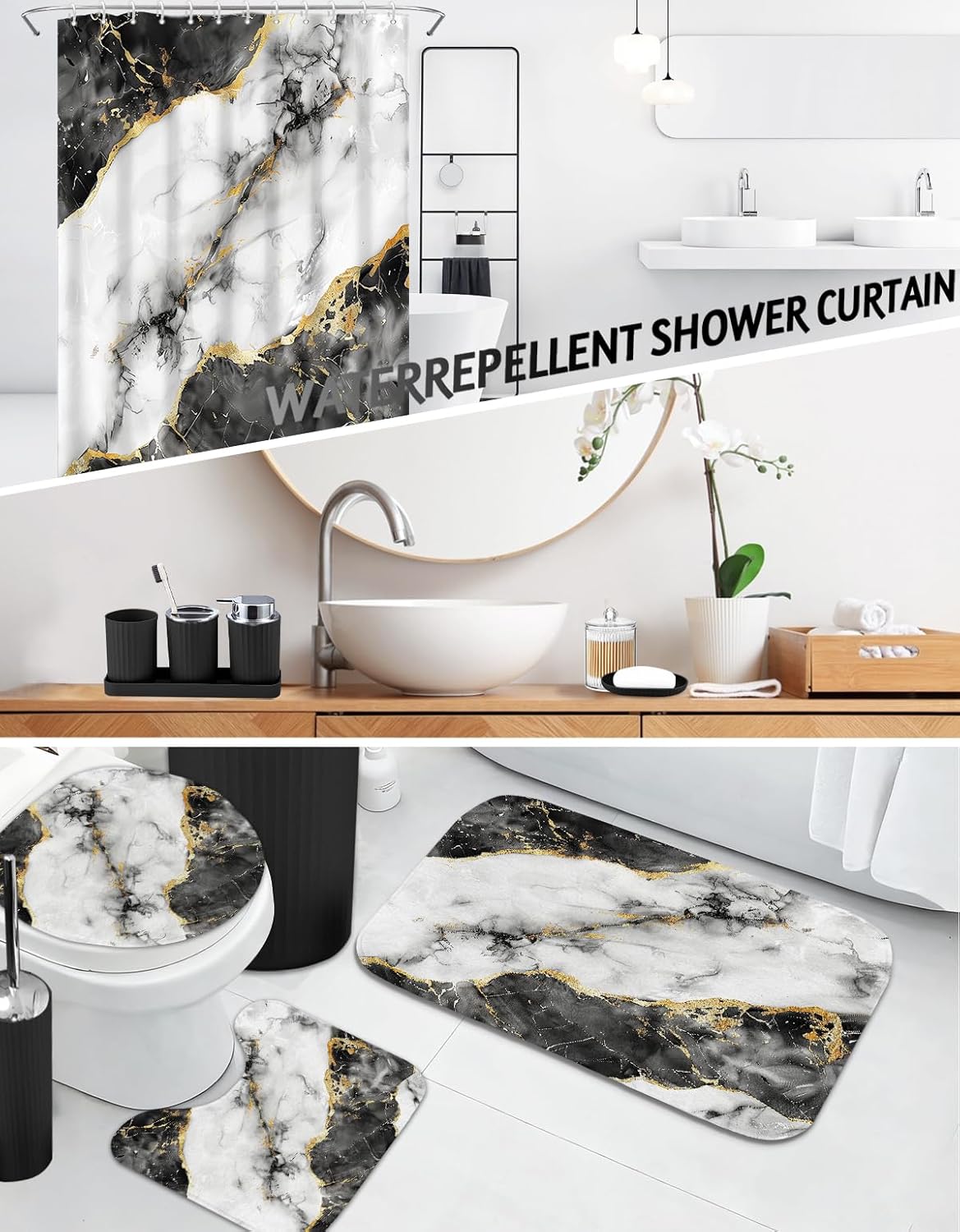 Lnond Marble Bathroom Set, 24 Piece Black White Bathroom Decor Set with with Shower Curtain and Rugs, Trash Can, Toilet Brush Holder Set & Soap Dispenser