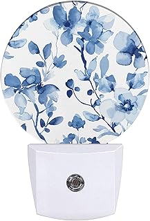 Vintage Blue Floral Night Light,Abstract Botanical Floral Plug-in Night Lights with Dusk-to-Dawn Sensor for Bedroom Bathroom and Living Room Sleep Friendly lamp