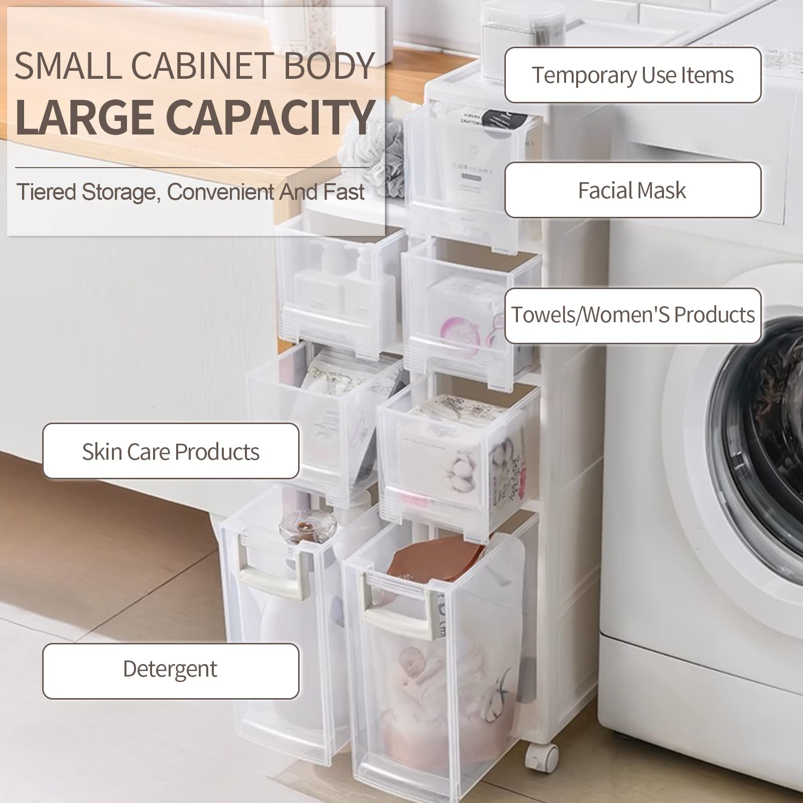 Carrito de Almacenamiento Delgado con Ruedas y cajones de 3 Niveles, Compacto para Cocina y baño en Espacios pequeños.