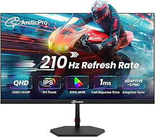 ArcticPro 27inch Gaming Monitor QHD 2560*1440p, 210Hz, 2K, IPS Panel, 1ms Response Time, Adaptive sync, PC Computer Monitor, 3-Sided Frameless, Ultra Slim, 130% sRGB, Bluelight Filter, HDMI *2, DP*2