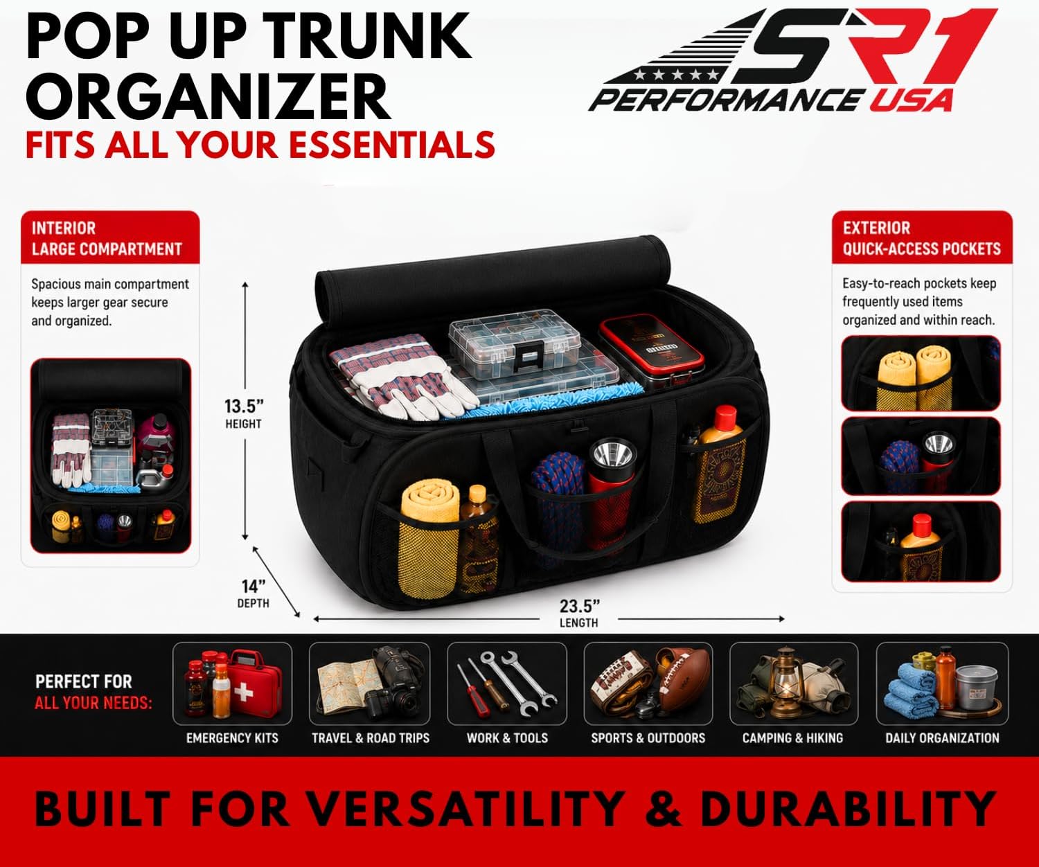 SR1 Performance USA C8 Corvette Trunk Organizer – Expandable Pop Up Collapsible Cargo Storage Caddy for 2020-2026 Chevrolet Corvette Stingray, Z06 & E-Ray – Black with Crossed Flags Logo