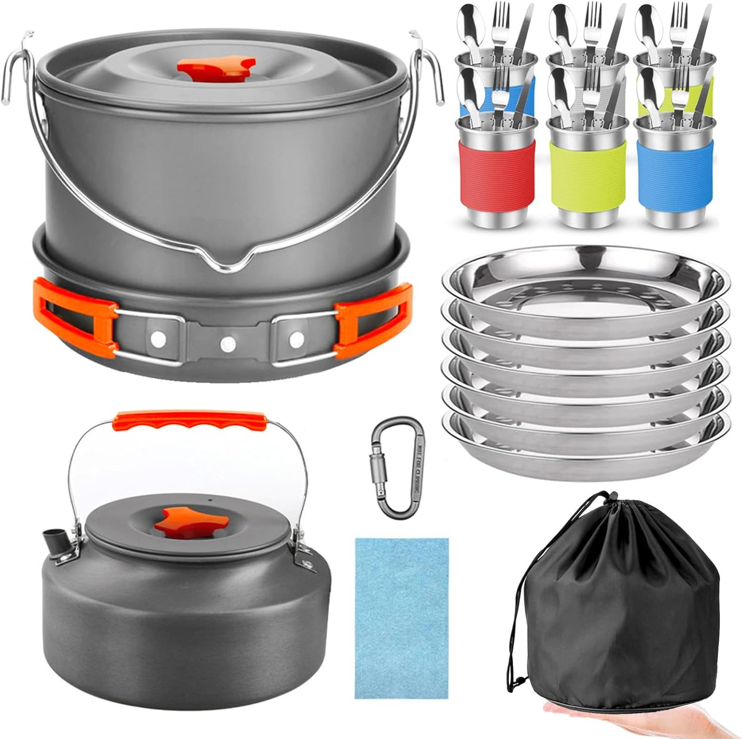 48Pcs Camping Cookware Set, Open Fire Cookware Pot Pan Kettle with Stainless Steel Cups Plates Forks Knives Spoons for Camping Hiking Picnic Outdoor Cooking 48Pcs