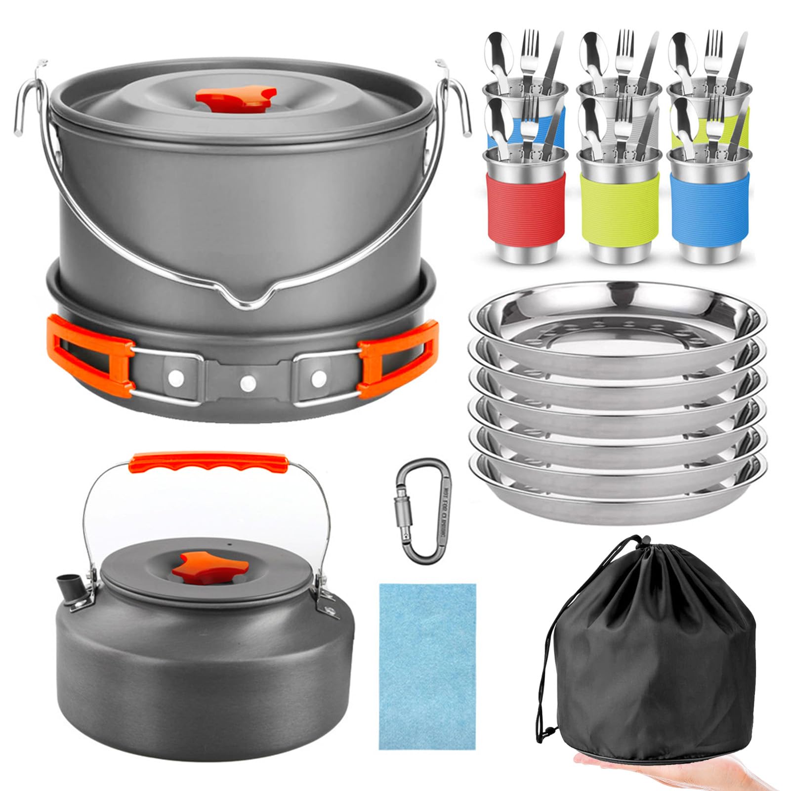 Cryfokt Camping-Kochgeschirr-Set, Langlebiges Outdoor-Kochgeschirr-Set, Tragbar für 6–8 Personen, Aluminiumlegierung, Campingausrüstung für Camping, Wandern, Rucksackreisen, Picknicken