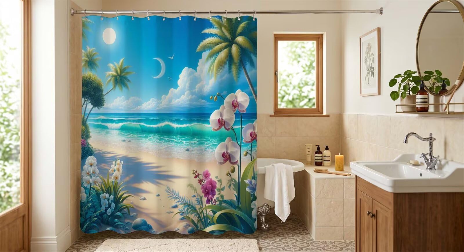 Yoonqun Shower Curtain 180 x 180 cm Waterproof Mold Resistant Modern Bathroom Curtains with 12 Hooks,Machine Washable Bath curtain for Bathtub & shower Stall (Sunlit Seaside Flowers)