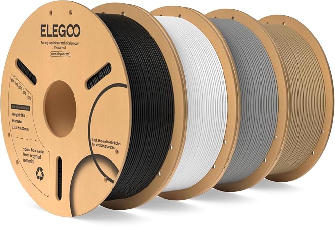 ELEGOO PLA Filament 4KG Black/White/Grey/Wood Color | Dimensional Accuracy +/- 0.02mm, 4 Pack 1kg Cardboard Spools(2.2lbs) 3D Printing Filament, Fits for Most FDM 3D Printers