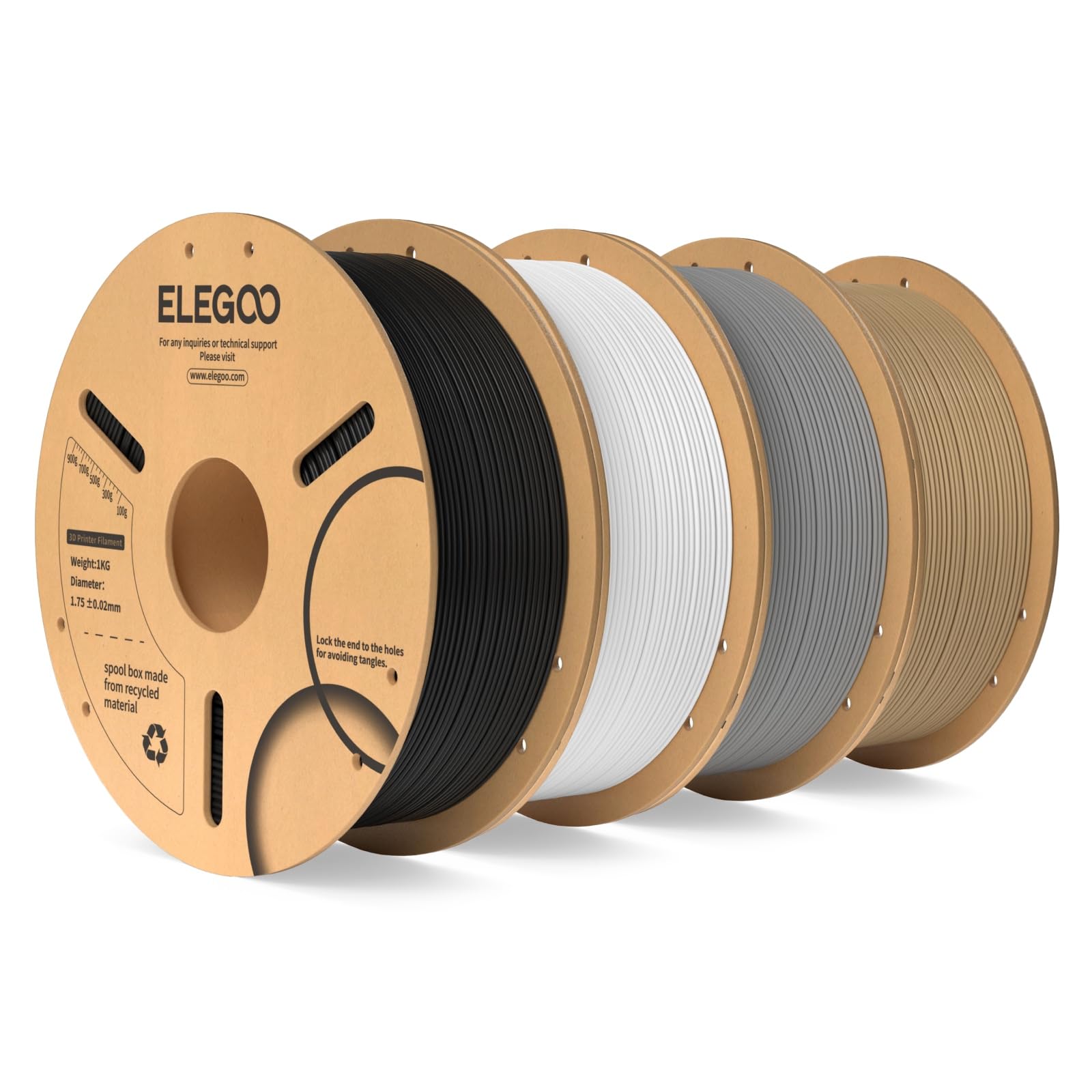 ELEGOO PLA 3D Printer Filament 1.75mm 4KG Black/White/Grey/Wood Color | Bundle Filament, Dimensional Accuracy +/- 0.02mm, 4 Pack 1kg Spools 3D Printing Filament, Fits Most FDM 3D Printers