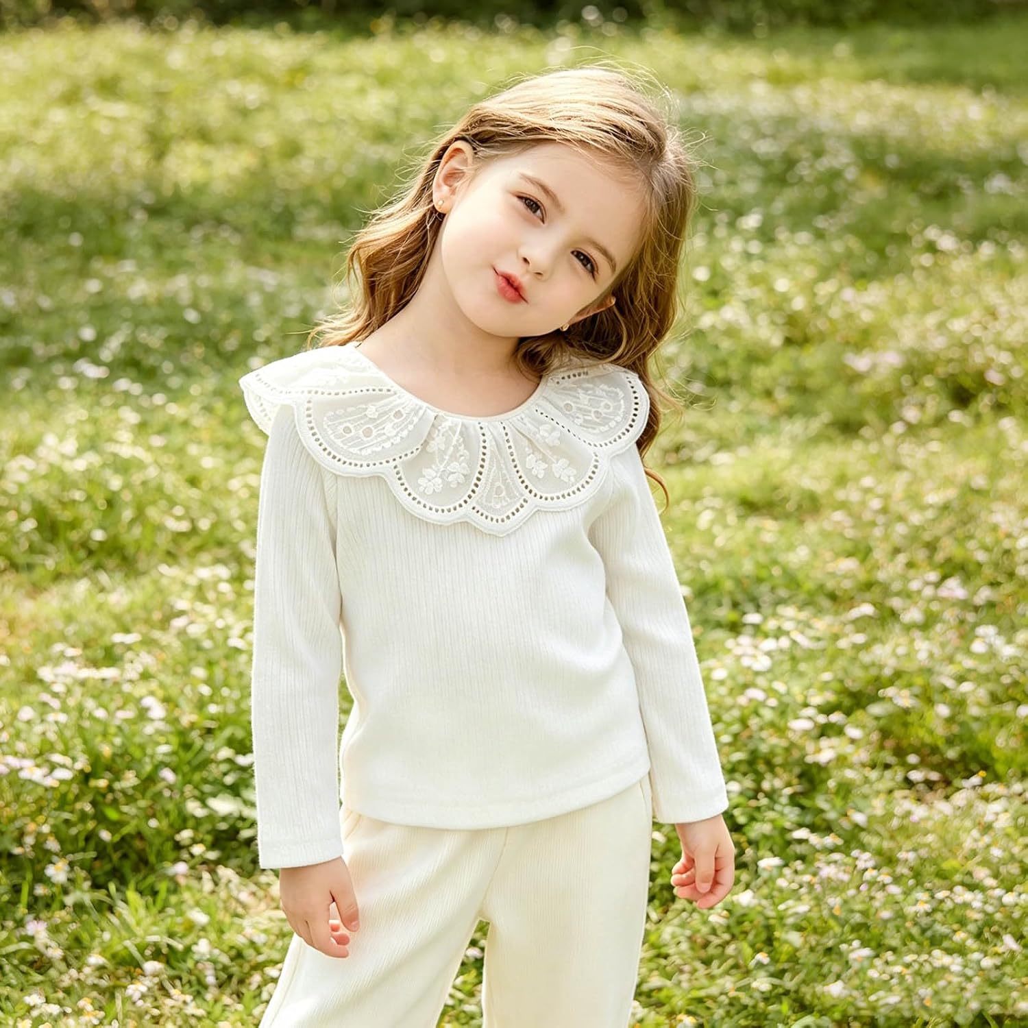 Kids Girls Long Sleeve T-Shirt Cute Peter Pan Collar Lace Patchwork Ribbed Tops Fall Clothes for Casual Daily