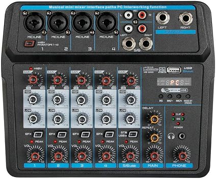 6 Channel Professional Audio Mixer Sound Board Mixing Console System Interface Digital USB Bluetooth MP3 Input 48V Phantom Power Stereo DJ Mixer AC 110V