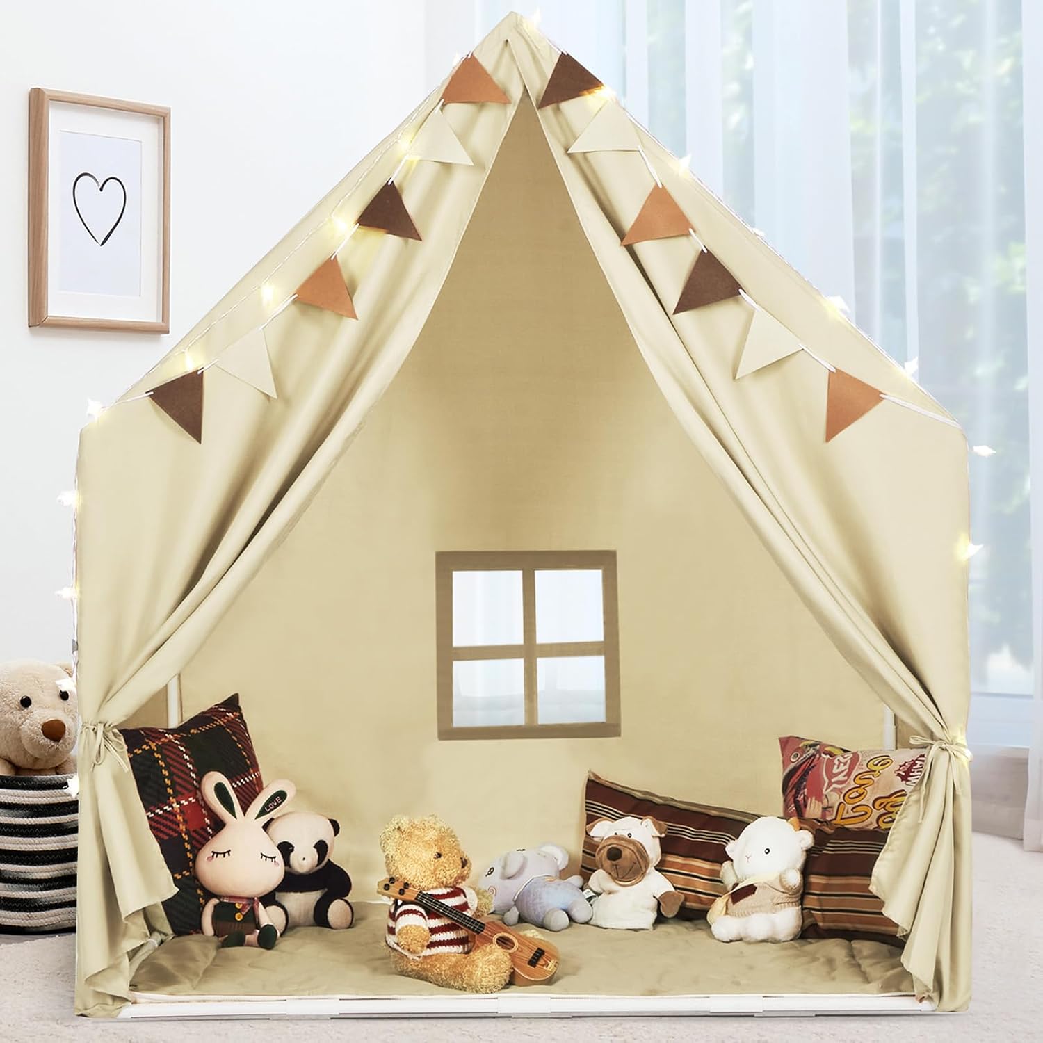 Kids Play Tent with Padded Mat & Star LED Lights for Ages 4-8-10 Year Old Girls Boys, Large Cute Indoor Play Room House Tent for Toddler Children (Beige)
