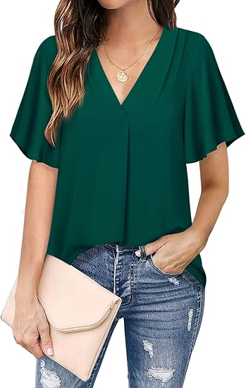 Timeson Women's V Neck Chiffon Blouse Ruffle Sleeve Ladies Work Shirts