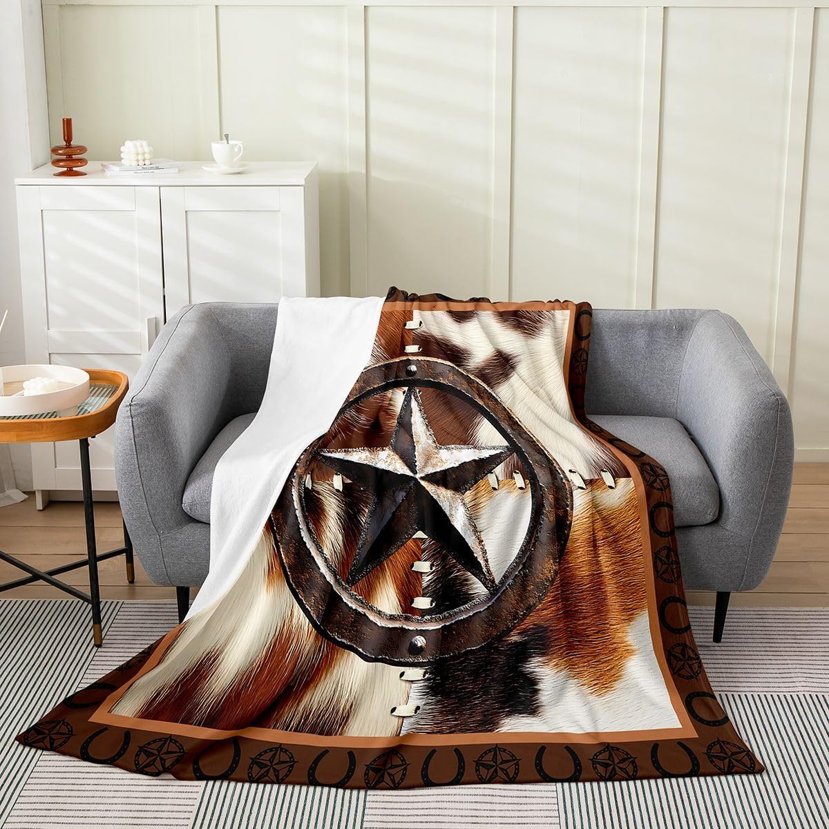 Feelyou Farmhouse Cowhide Flannel Fleece Throw Blanket for Sofa Couch Kids Cow Fur Star Print All Season Bed Blanket Western Farm Animal Skin Fuzzy Blanket BedGrid Brown Plush Blanket Twin 60"x80"
