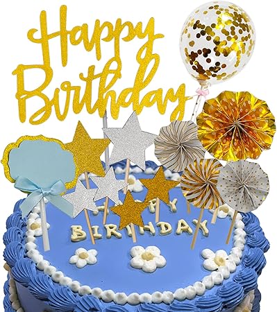 Amazon Co Jp Ddomijoy ケーキトッパー パーティー飾りセット 誕生日パーティー 男女通用 Happy Birthdayとスター ケーキ挿入カード パーティー デコレーション 花飾り 結婚式 雰囲気作り 1 Happy Birthday 書きカード バルーン 星 4 ペーパーファン 型カード