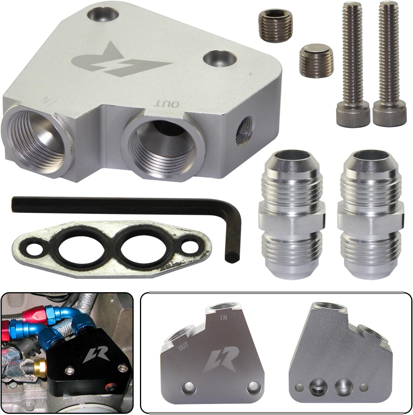 LR Oil Cooler Adapter For Corvette C5 C6 C7 LS1 LS2 LS3 LS6 LS7 GM Cadillac Black (Silver)