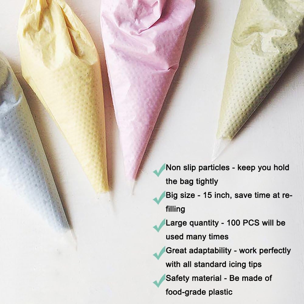 SveBake Pastry Bag - 100 Pieces 15 Inch [Extra Thick] Disposable Piping Bags Set with 3 Couplers (1 Large & 2 Standard) and 12 Bag Ties for Cake Decorating Royal Frosting