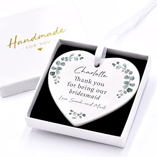 Beecreative Personalised Gift For Bridesmaid, Maid of Honour - Eucalyptus Greenery Ceramic Heart Or Circle - Bridesmaid Thank You - With Gift Box