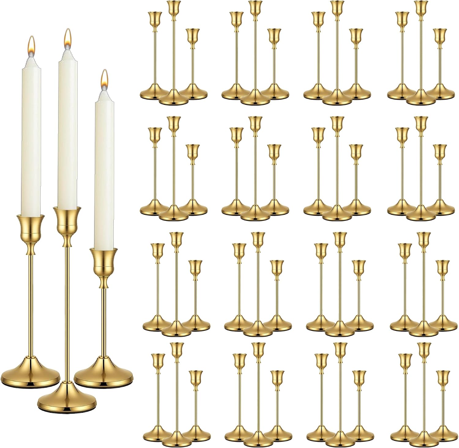 48 Pack Gold Taper Candle Holders, Bulk Metal Candlestick Holders in 3 Heights for Wedding Table Centerpieces, Receptions, Parties, Dining Tables and Home Decor