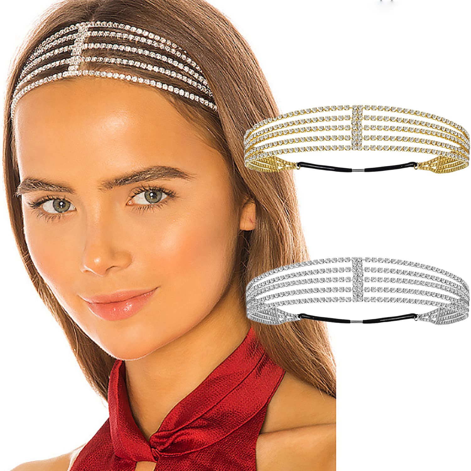 Crystal + Chain Strands Stretch Headband Amazon.com : CustomyLife 2pcs Elastic Rhinestone Headbands  main image 4