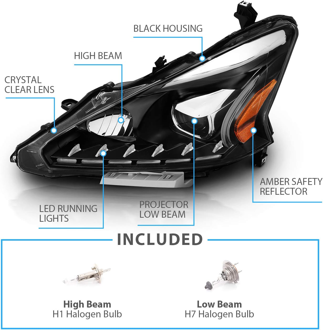 AmeriLite Projector Halogen Headlights LED Bar Style Set For 2013-2015 Nissan Altima 4 Door Sedan - Passenger and Driver Side, Vehicle Light Assembly, Black Housing
