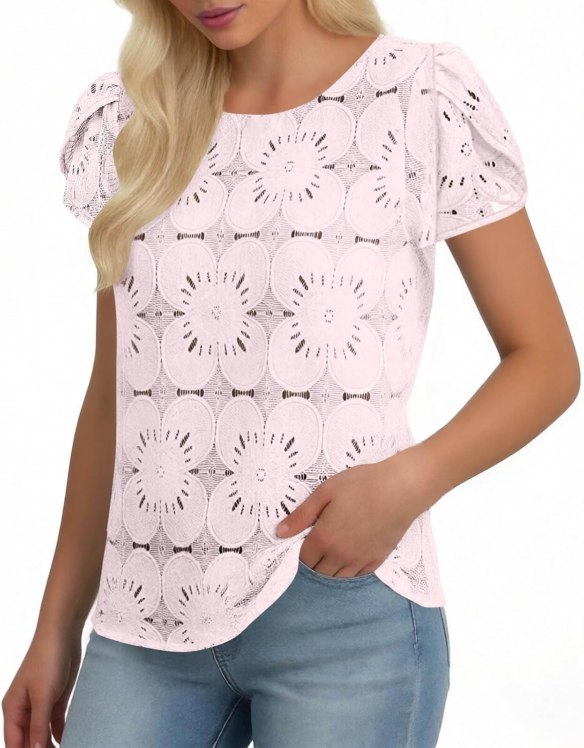 Women Crochet Lace Blouses Casual Short Sleeve Boho Tops Eyelet Lace Spring Summer Shirts Beach Vacation Clothes