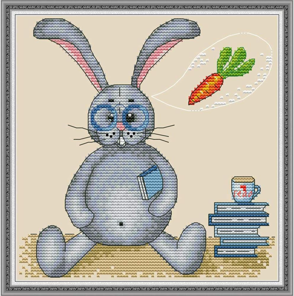 Stamped Cross Stitch Kits Embroidery Patterns Needlepoint Kits for Adults DIY 11CT 3 Strands-Rabbit Eating Radish 10.5x10.5(inch