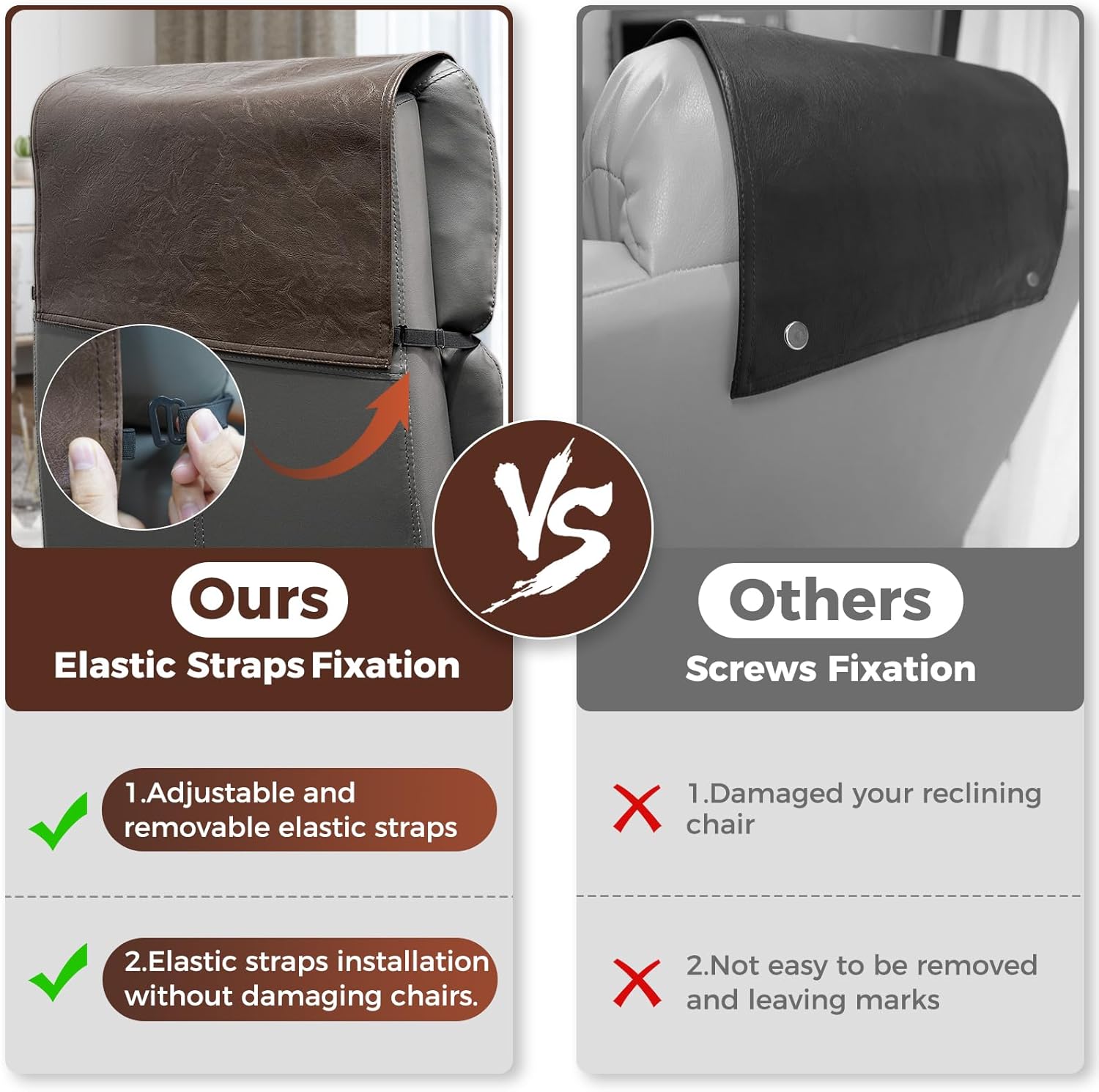 Headrest Cover for Recliner Chair Recliner Headrest Protector Faux Leather Headrest Cover with Elastic Straps Couch Headrest Covers for Furniture Sofa Protector Office Chair 17 x 27In(Brown)