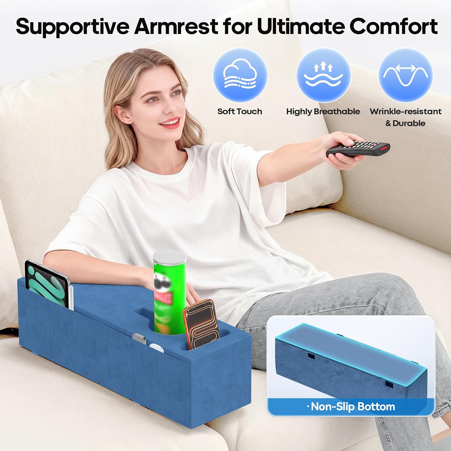 Sofa Armrest Couch Caddy with Cup Holder, Removable Couch Armrest Table Pillow Caddy Drink Holder Tray Insert Between Cushions, Sofa Accessory Storage for Remote,Glasses,Phone,iPad and Magazines, Blue